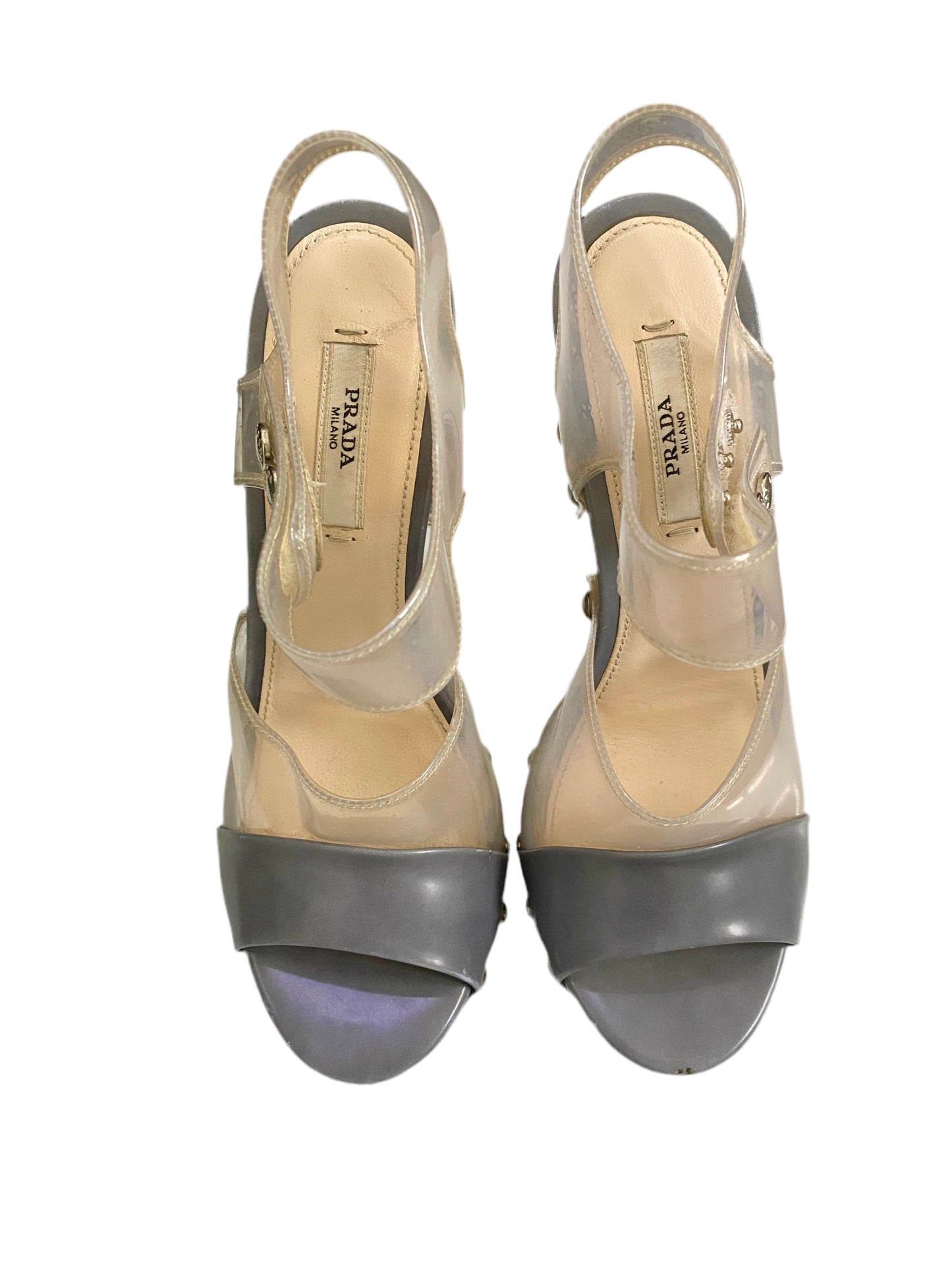 Prada Transparent PVC Grey Studded Ankle Strap Sandals