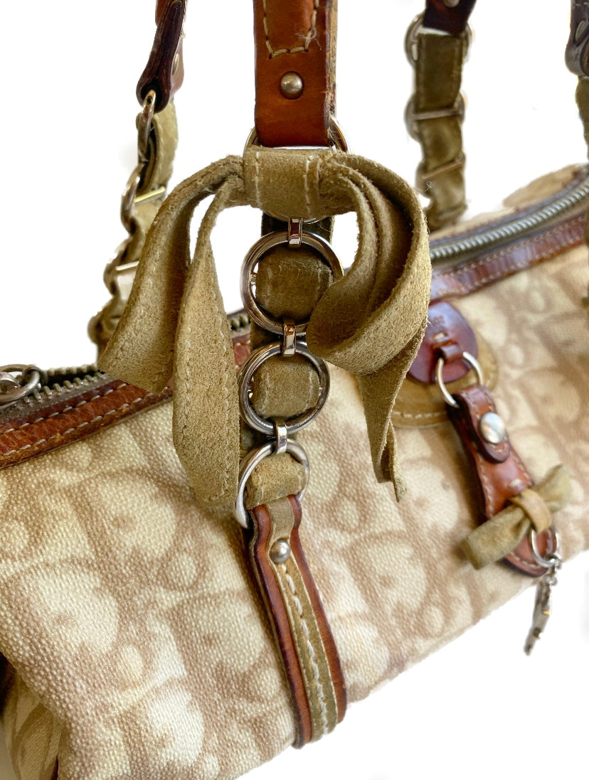 Dior 2006 Galliano Monogram Romantique Heart Padlock Mini Beige Barrel Bag