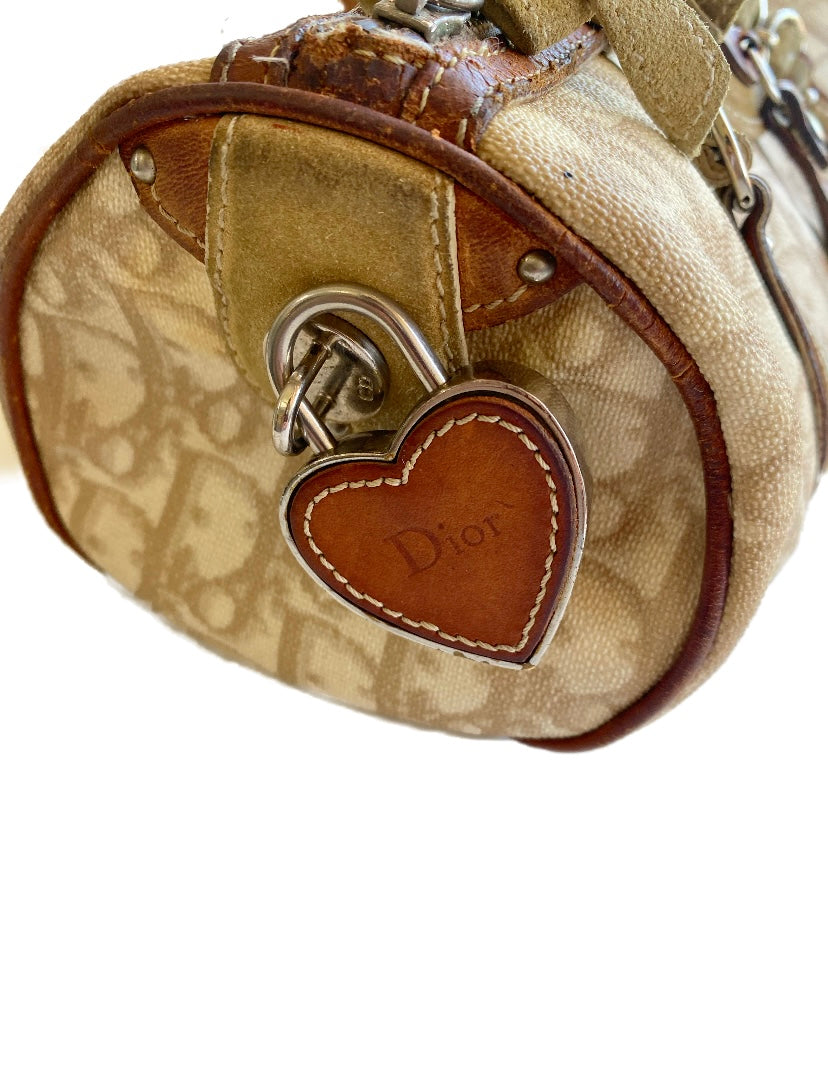 Dior 2006 Galliano Monogram Romantique Heart Padlock Mini Beige Barrel Bag