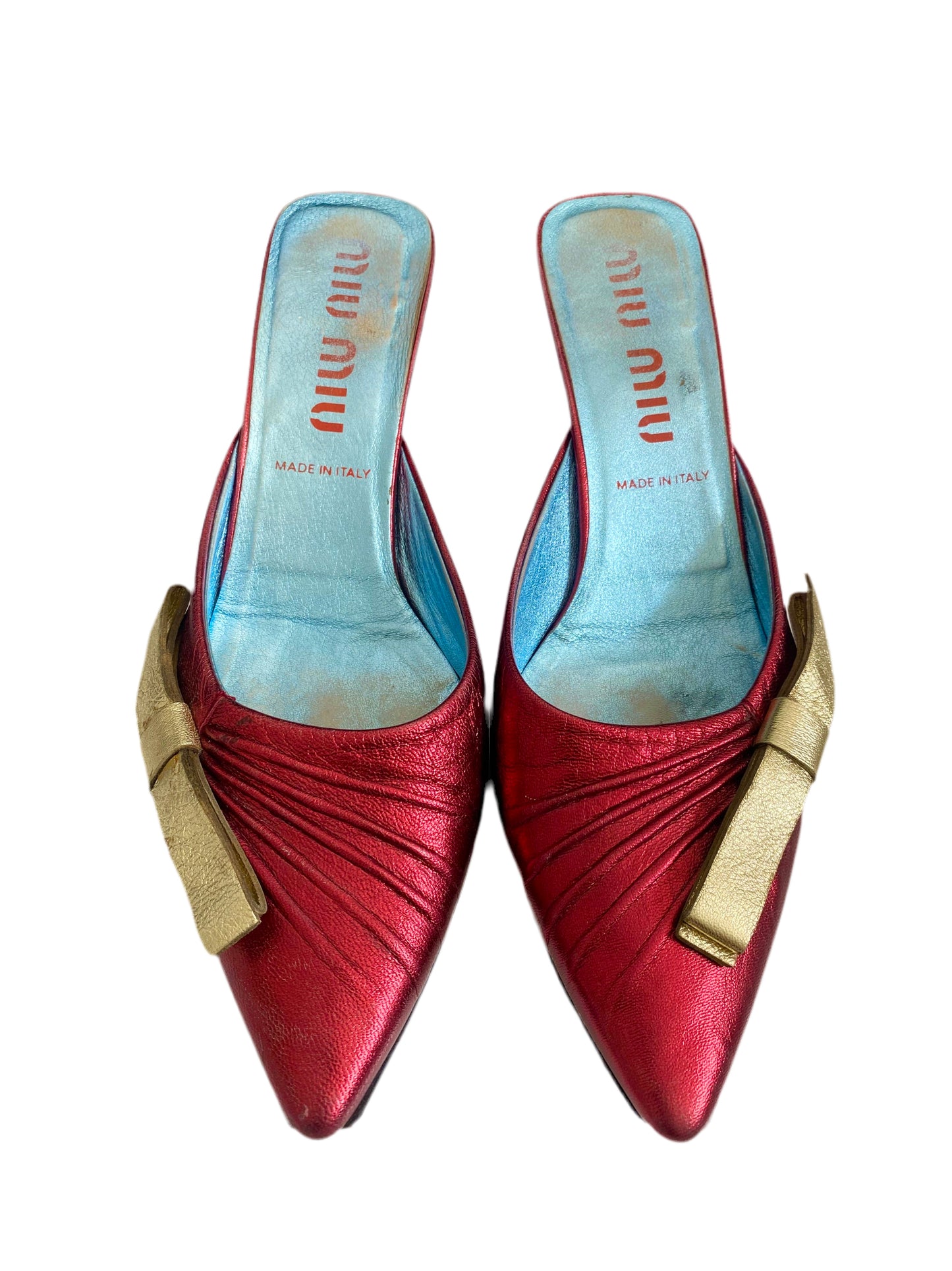 Miu Miu SS2000 Red Metallic Bow Leather Mules