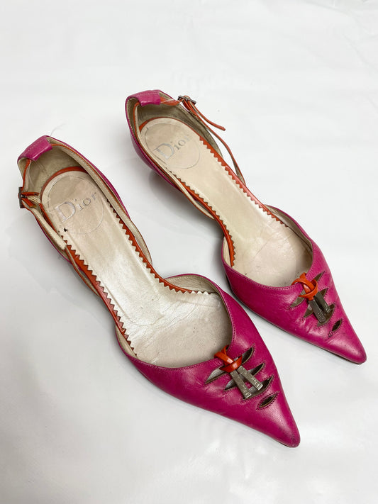 Christian Dior Vintage Fuschia Pink / Orange Kitten Heels