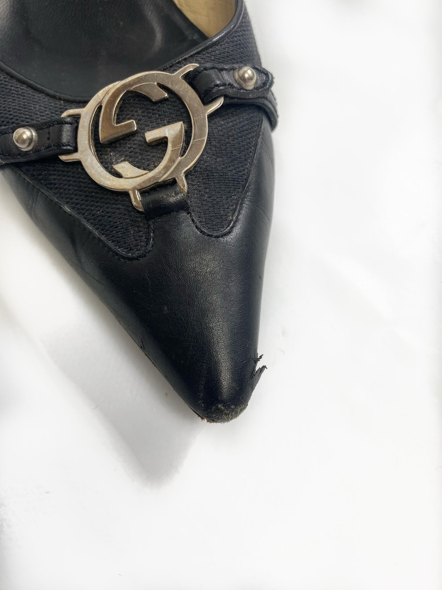 Gucci Black GG Silver Buckle Pointed Kitten Heels