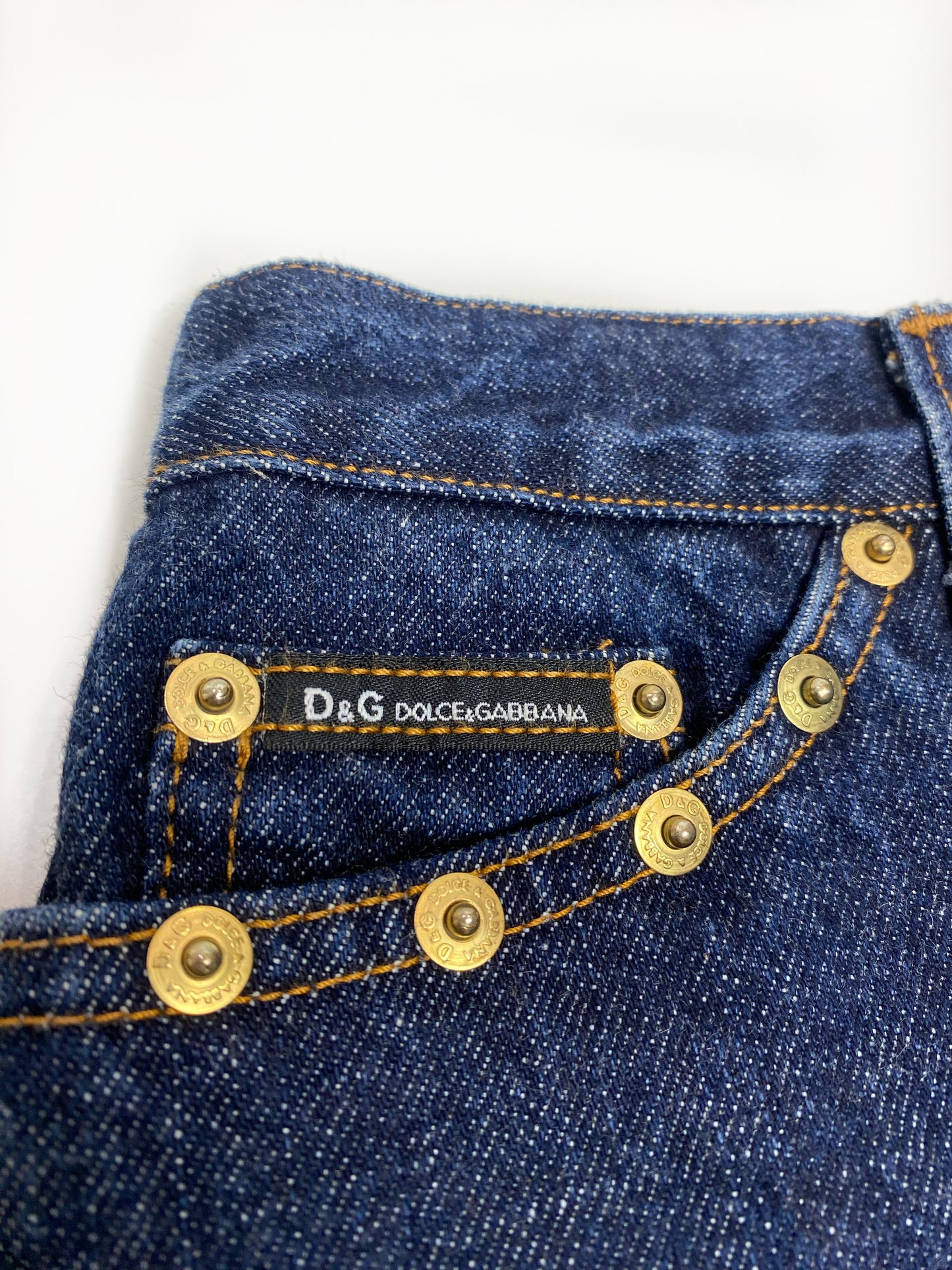 Dolce & Gabbana Blue Denim Gold Stud Midi Skirt