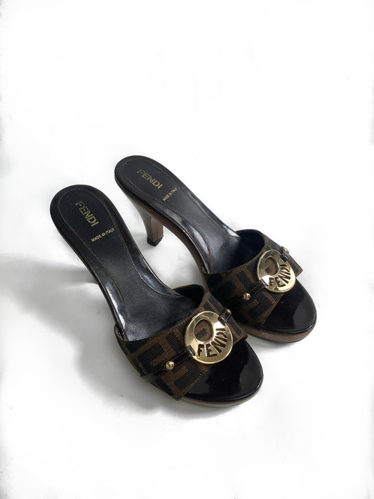 Fendi Leather Zucca Canvas Brown Wooden Mule Heels