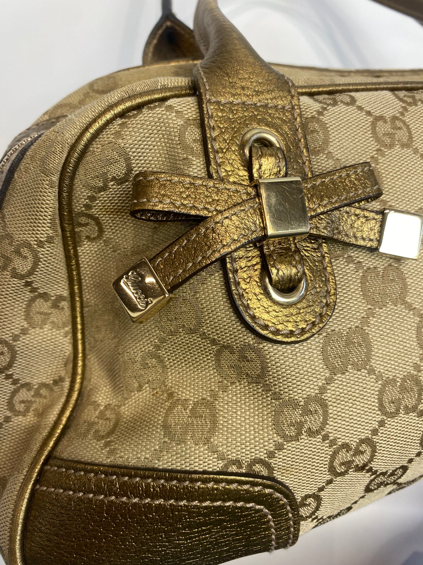 Gucci Gold Metallic Monogram Bow Princy Boston Bag