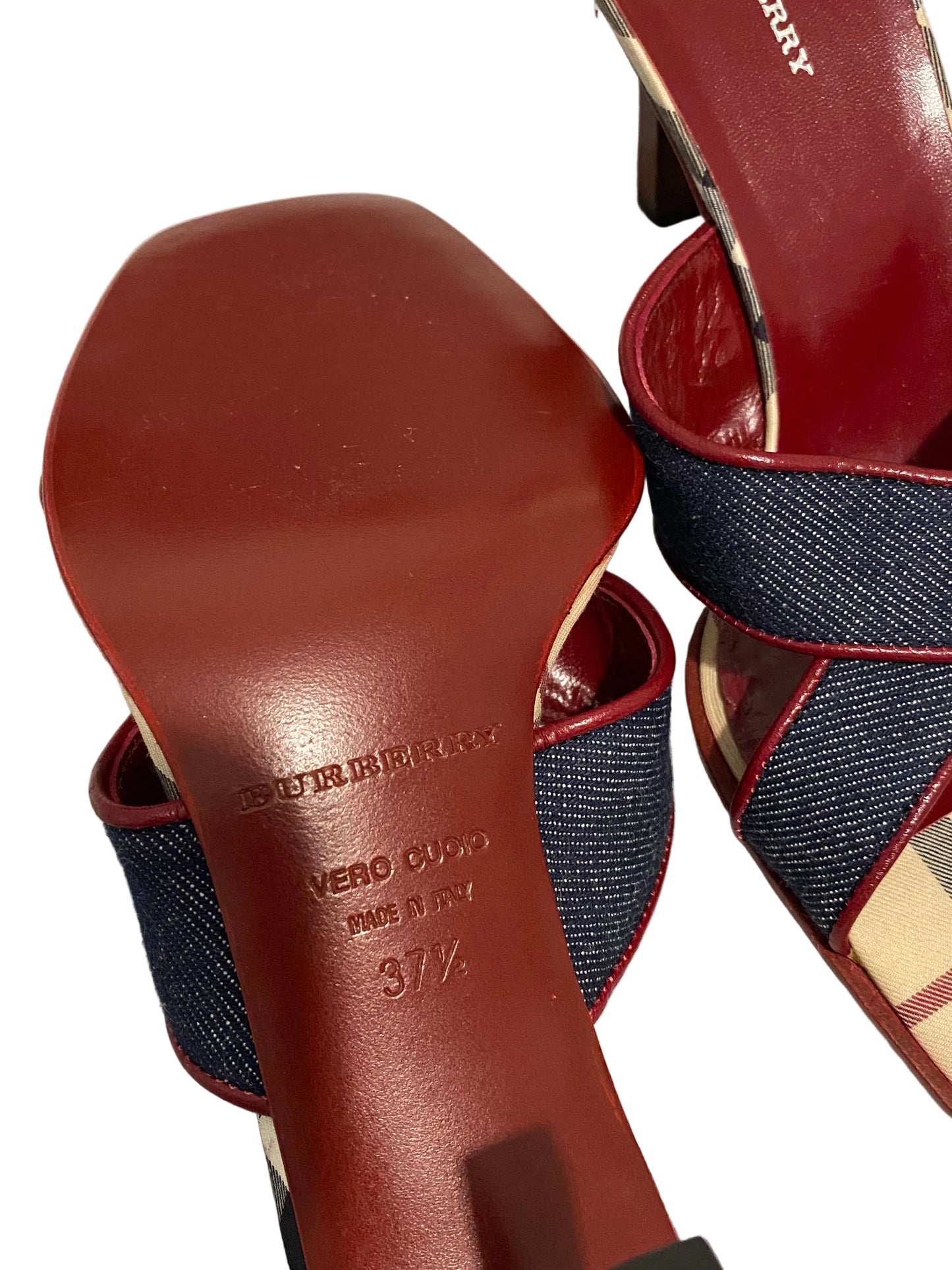Burberry Blue Denim Criss Cross Nova Check Mule Heels