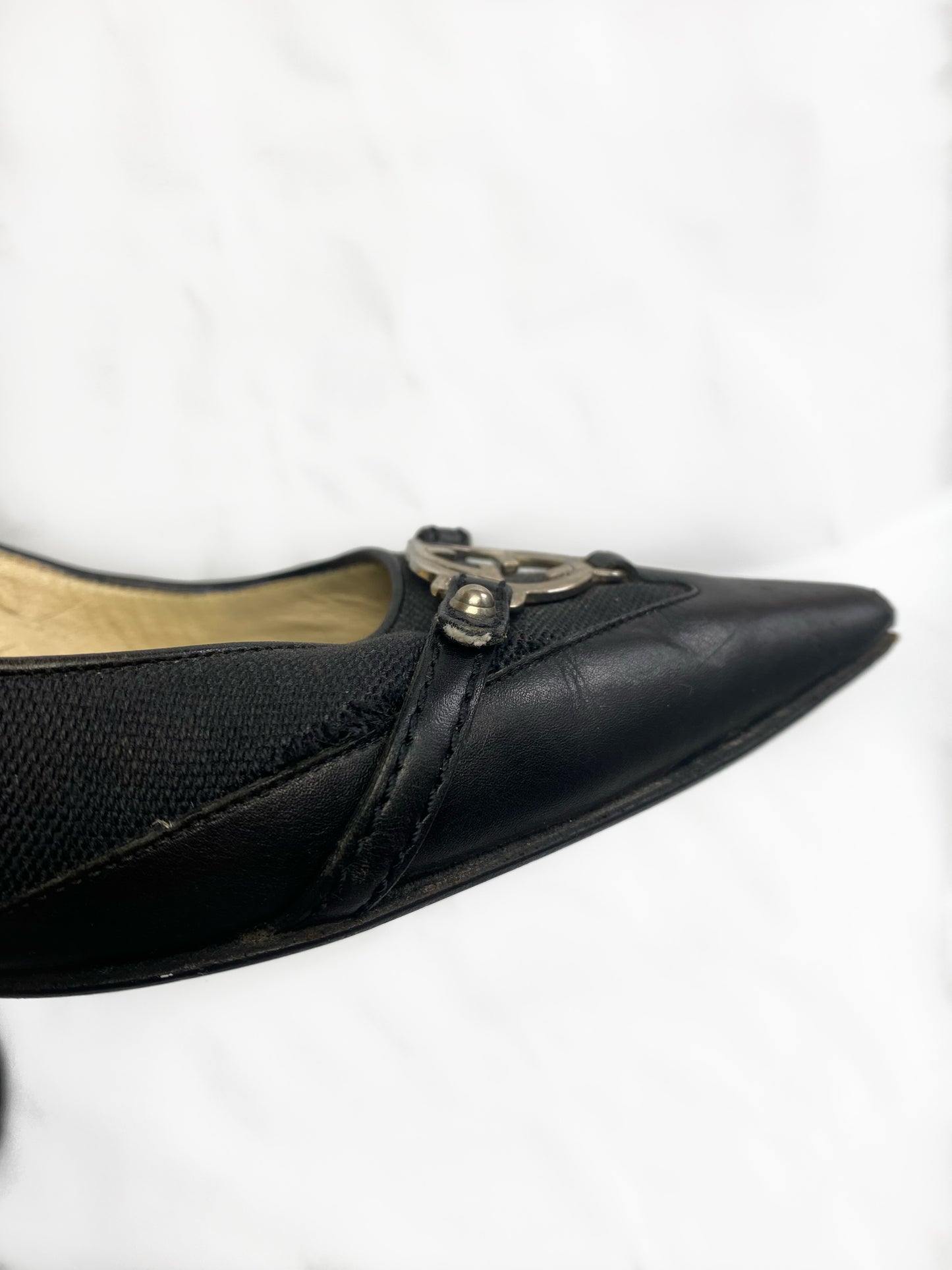 Gucci Black GG Silver Buckle Pointed Kitten Heels