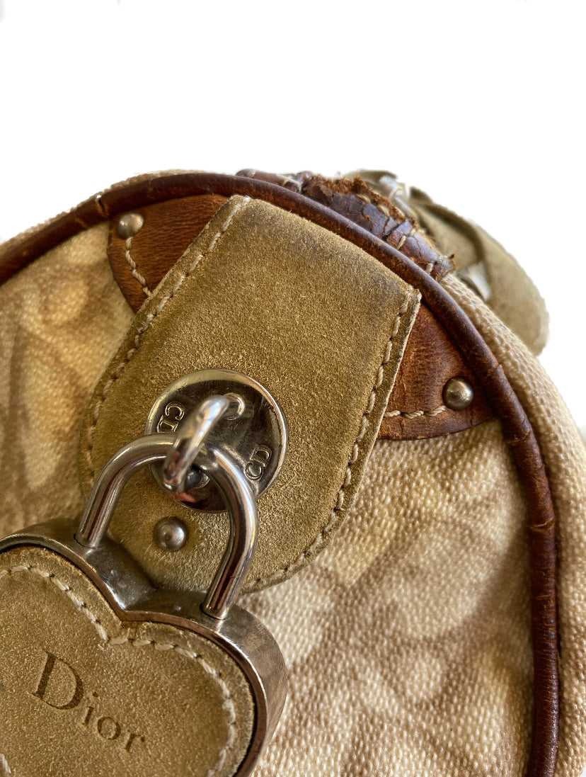 Dior 2006 Galliano Monogram Romantique Heart Padlock Mini Beige Barrel Bag