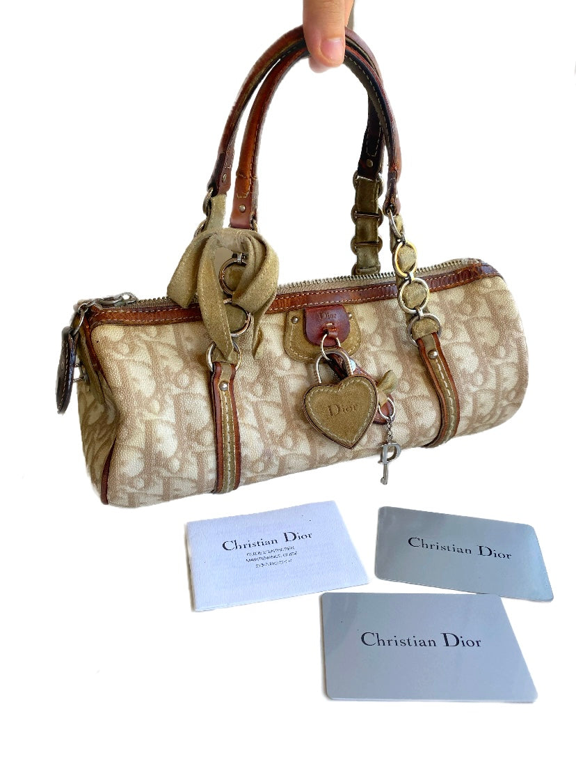 Dior 2006 Galliano Monogram Romantique Heart Padlock Mini Beige Barrel Bag