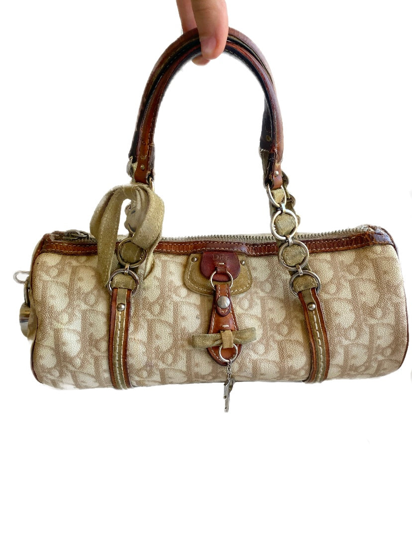 Dior 2006 Galliano Monogram Romantique Heart Padlock Mini Beige Barrel Bag