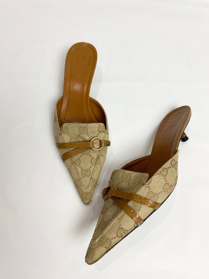 Gucci Tan Brown Monogram Pointed Mule Heels