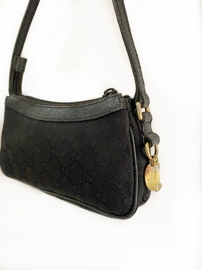 Gucci GG Monogram Black Canvas Gold Charm Shoulder Bag