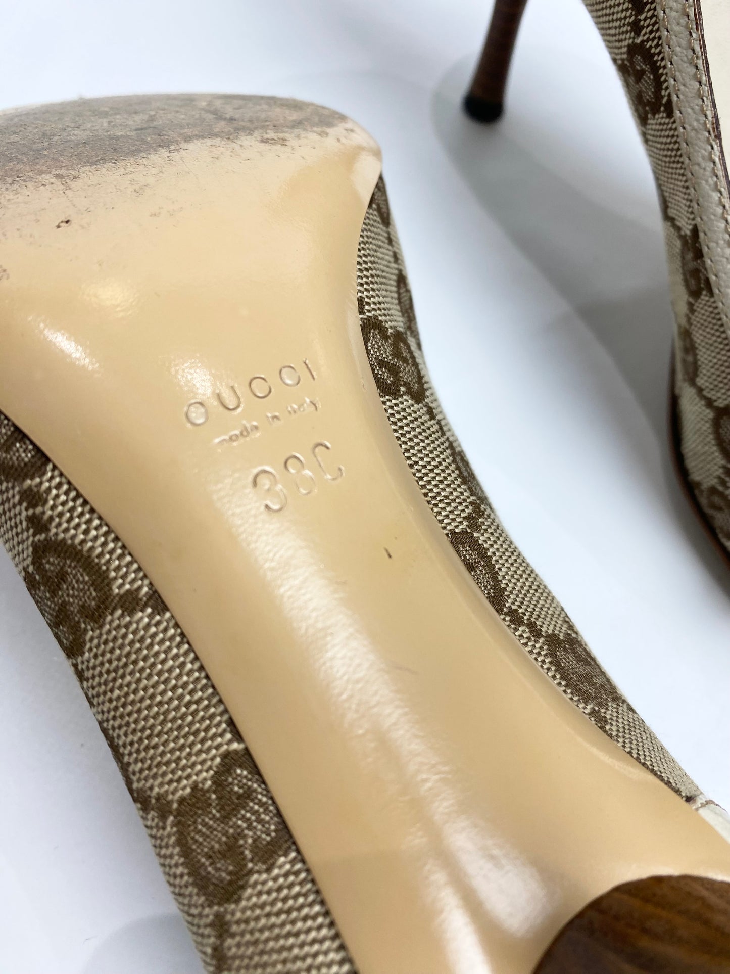 Gucci Monogram Bamboo Horsebit Cream Heels