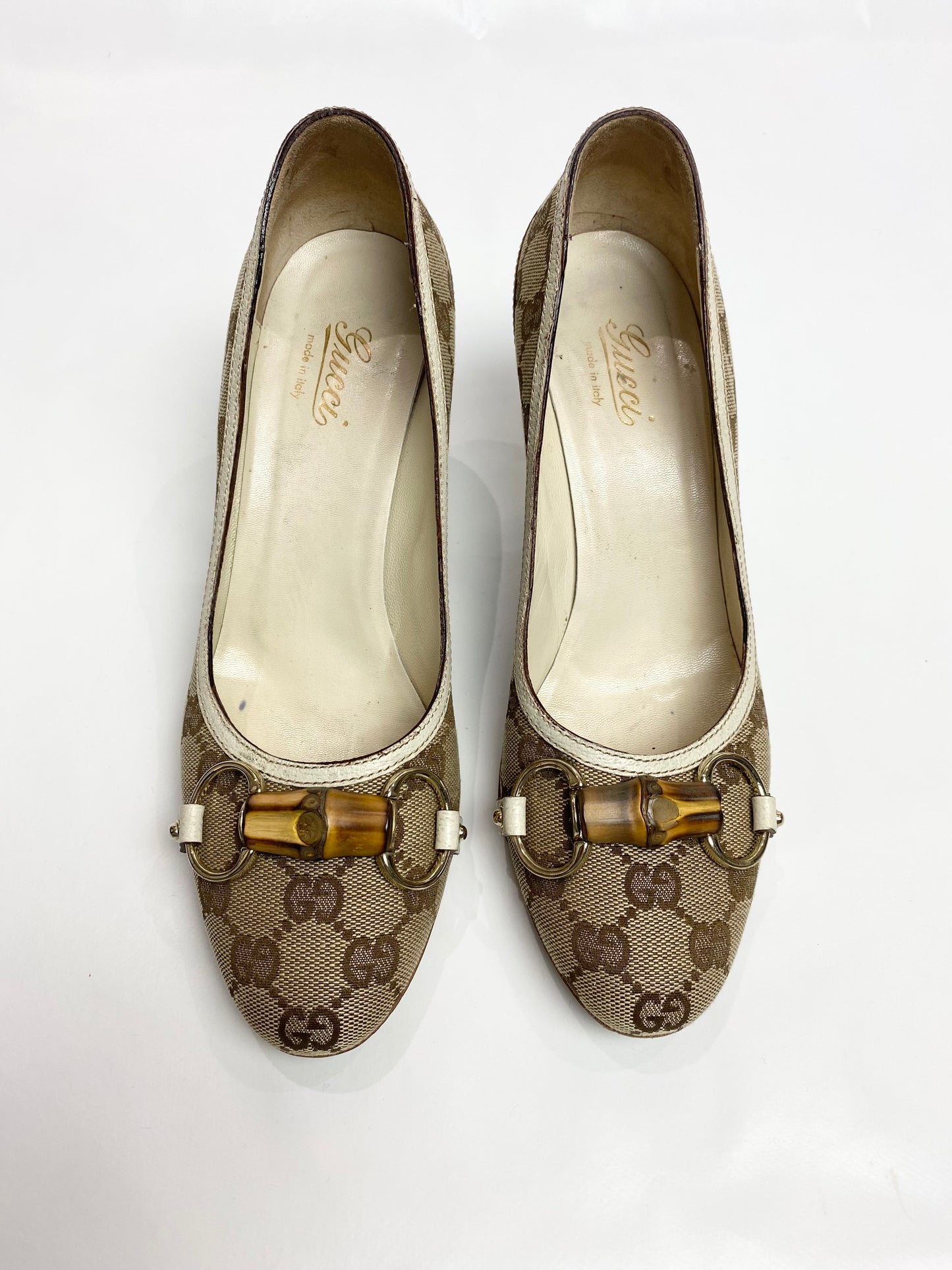 Gucci Monogram Bamboo Horsebit Cream Heels