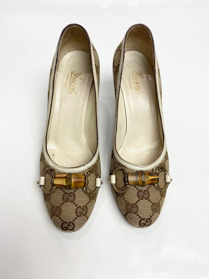 Gucci Monogram Bamboo Horsebit Cream Heels