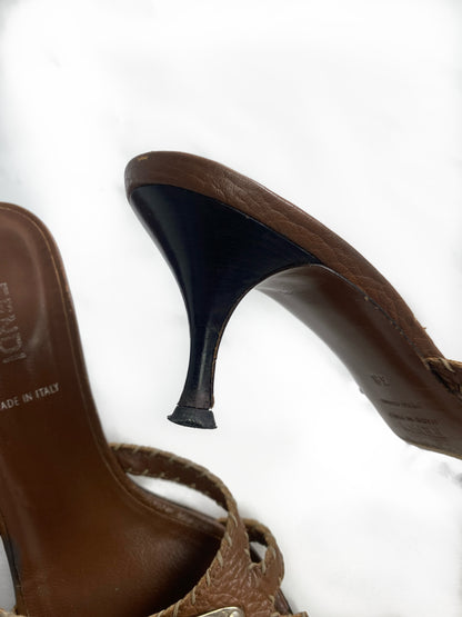 Fendi Brown Leather 'Selleria' Kitten Heels