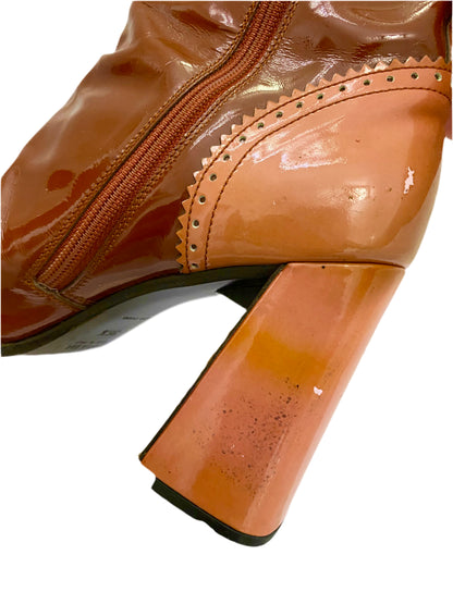 Prada Brown & Pink Patent Leather Mid Calf Boots