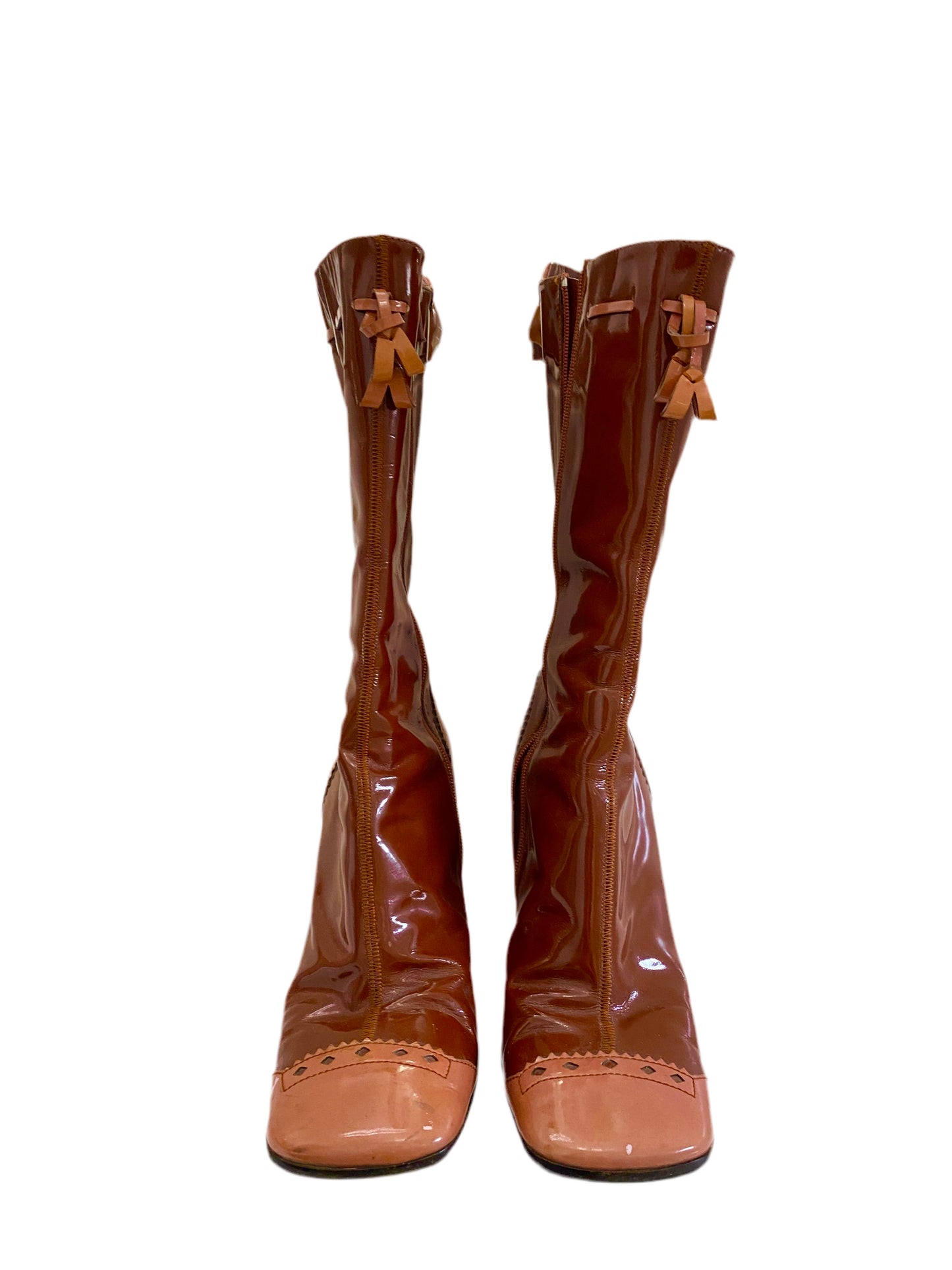 Prada Brown & Pink Patent Leather Mid Calf Boots