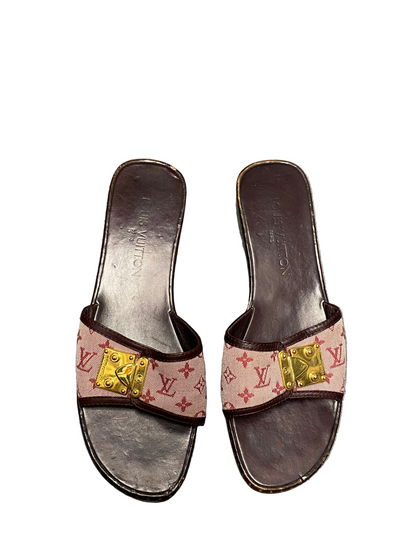 Louis Vuitton 90’s Pink Monogram Denim Wooden Clog Mules