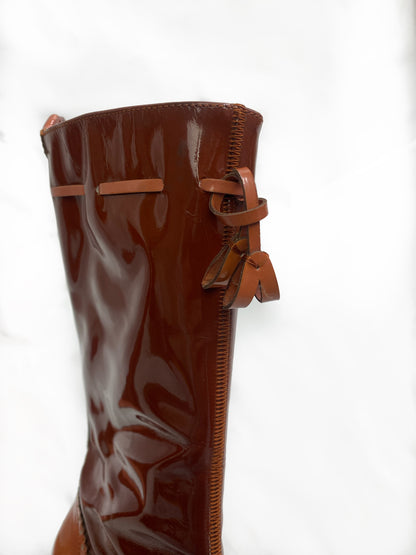 Prada Brown & Pink Patent Leather Mid Calf Boots