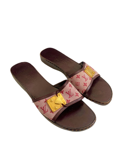 Louis Vuitton 90’s Pink Monogram Denim Wooden Clog Mules