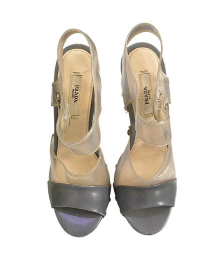 Prada Transparent PVC Grey Studded Ankle Strap Sandals