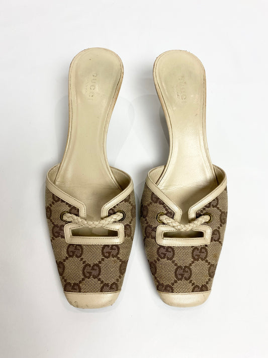 Gucci Monogram Cream Mule Heels