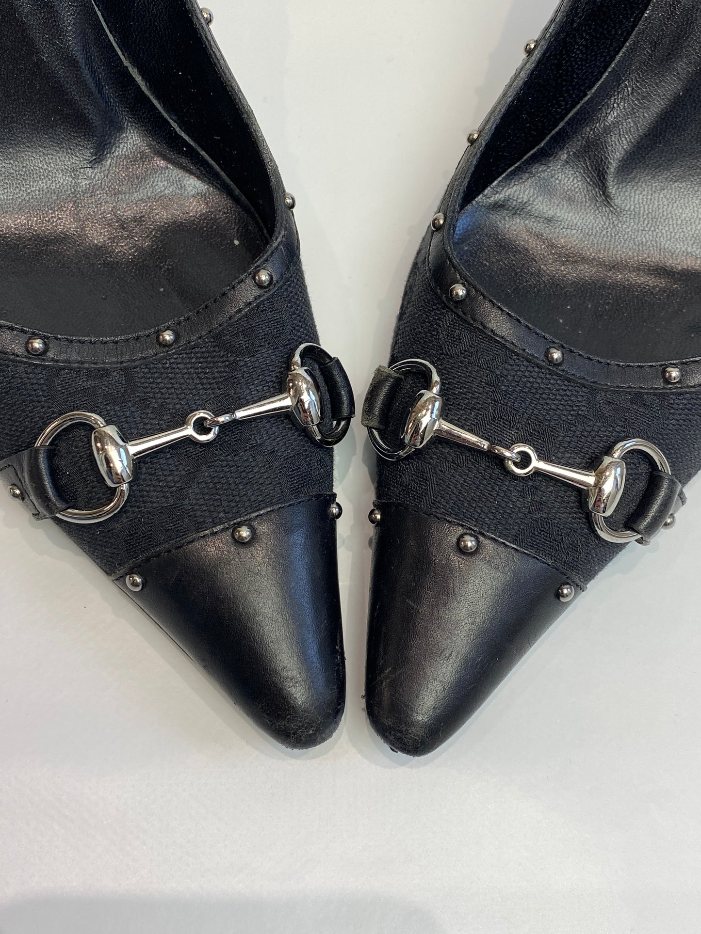 Gucci Black GG Studded Horsebit Pointed Heels