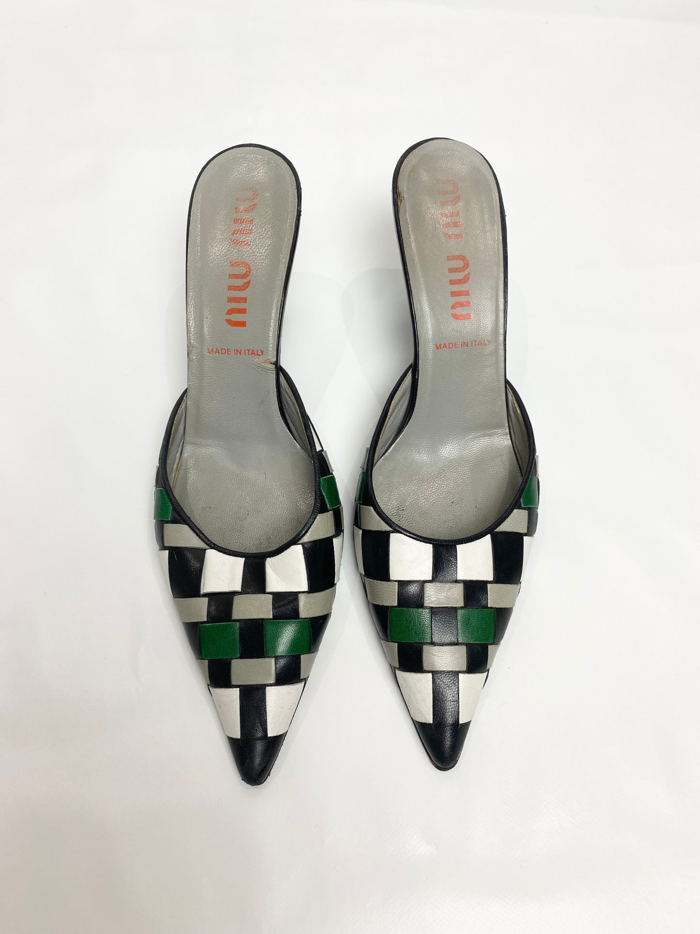 Miu Miu Green Woven Mule Heels