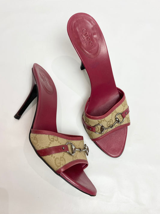 Gucci Burgundy GG Monogram Sandal Horsebit Heels