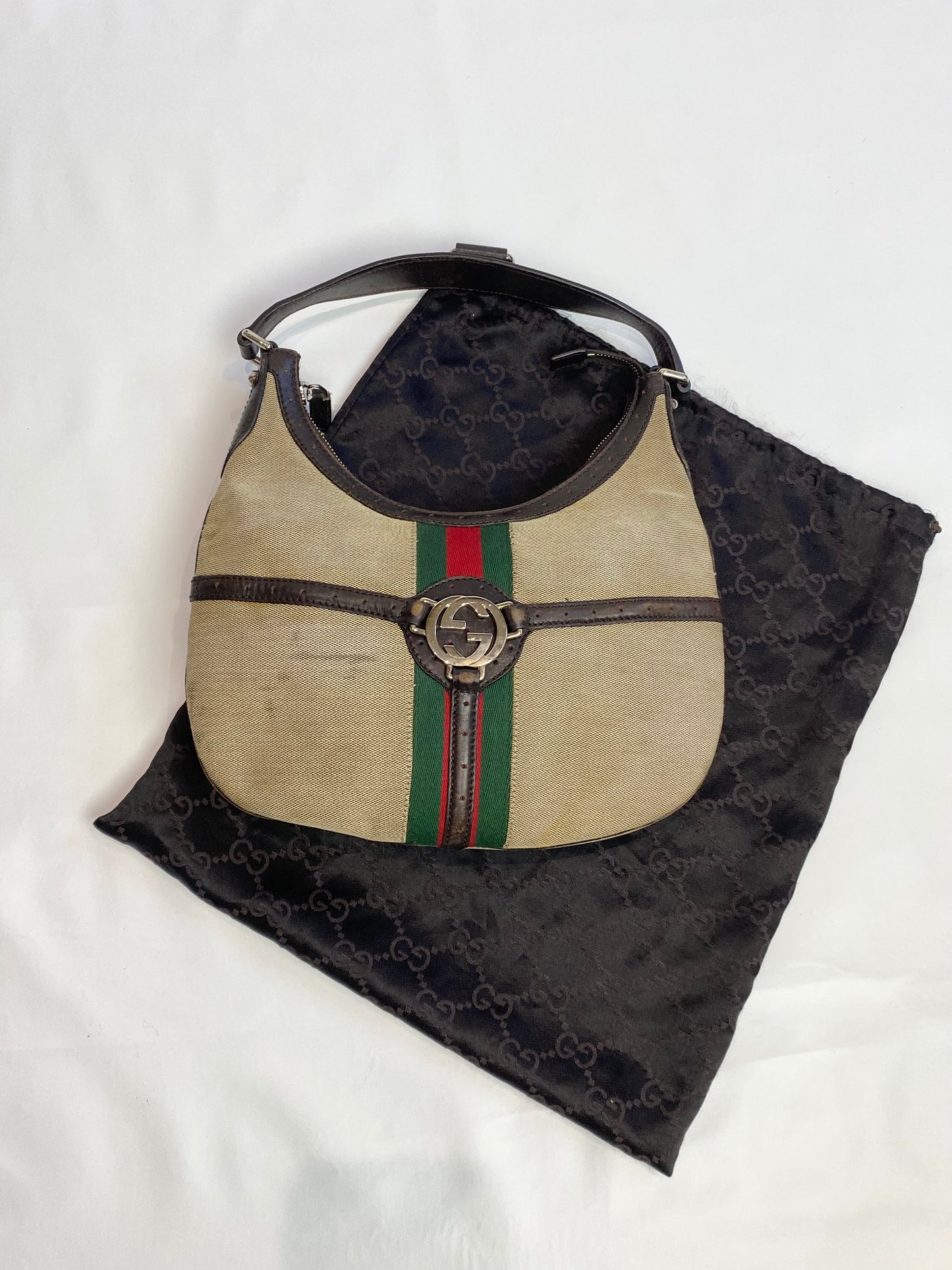 Gucci GG Reins Cream Canvas Sherry Line Shoulder Bag