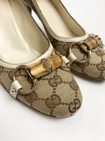 Gucci Monogram Bamboo Horsebit Cream Heels