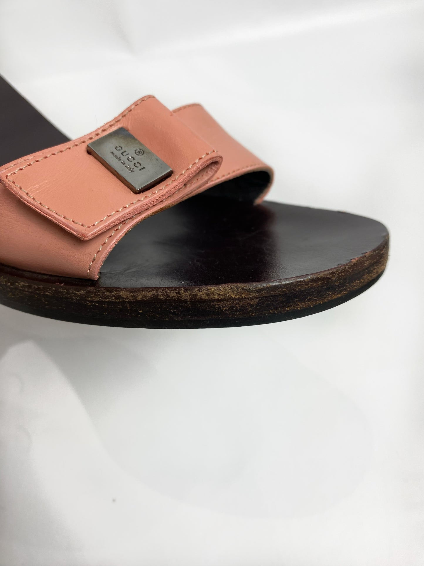 Gucci Brown Wooden Pink Strap Mule Heels