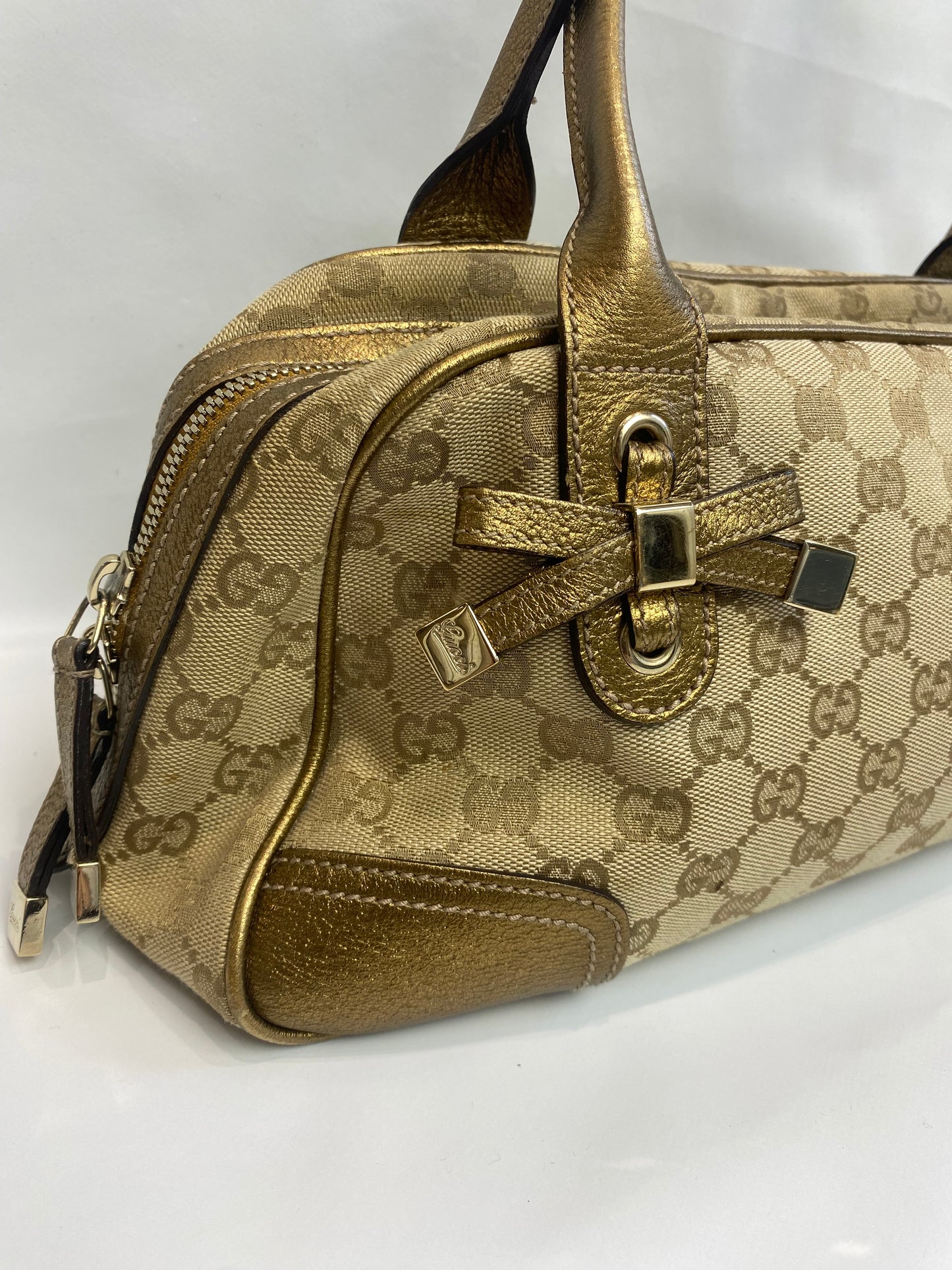 Gucci Gold Metallic Monogram Bow Princy Boston Bag