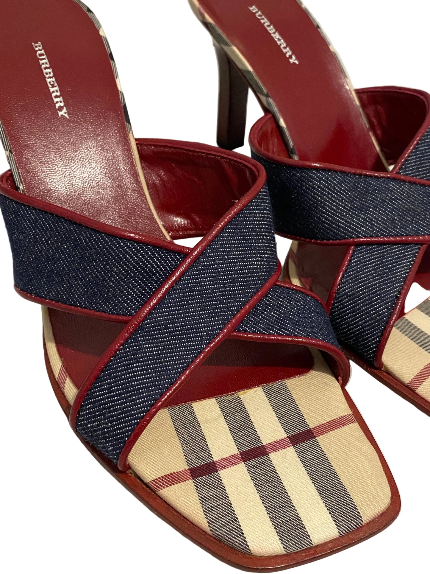 Burberry Blue Denim Criss Cross Nova Check Mule Heels