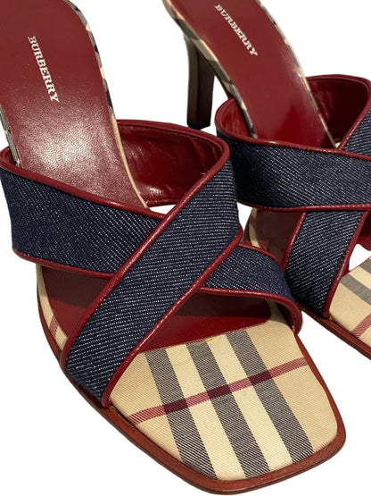 Burberry Blue Denim Criss Cross Nova Check Mule Heels