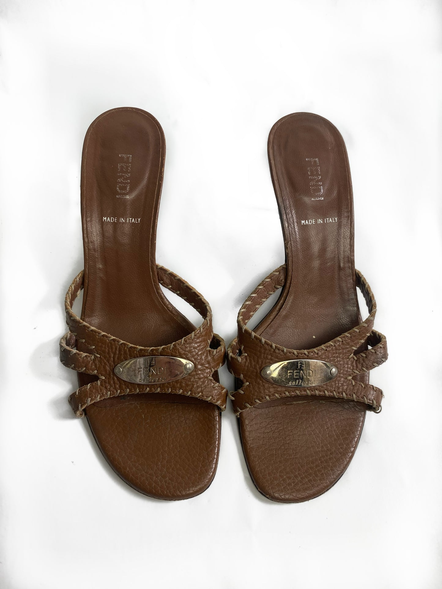 Fendi Brown Leather 'Selleria' Kitten Heels
