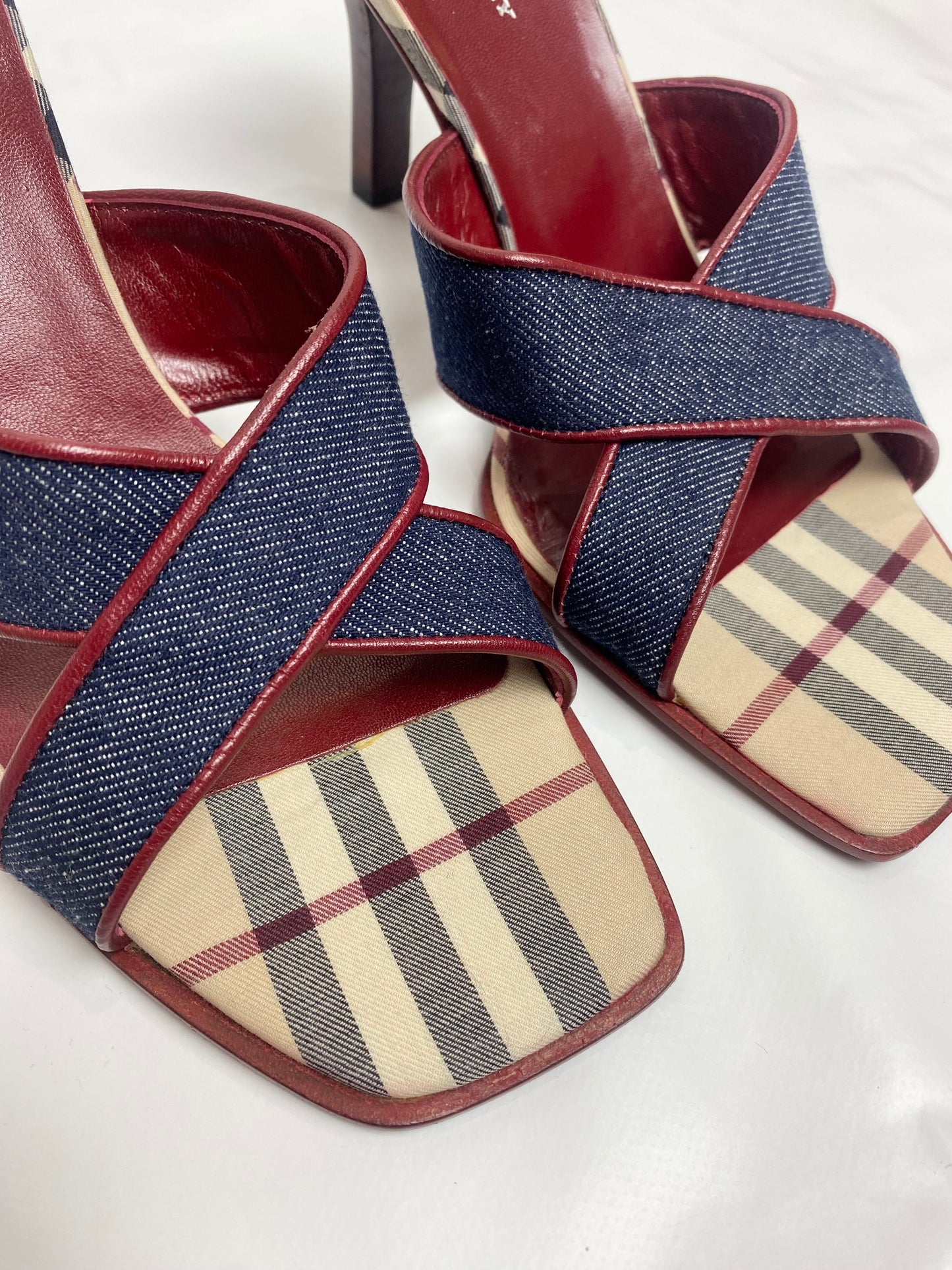 Burberry Blue Denim Criss Cross Nova Check Mule Heels