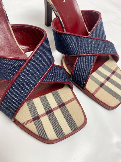 Burberry Blue Denim Criss Cross Nova Check Mule Heels