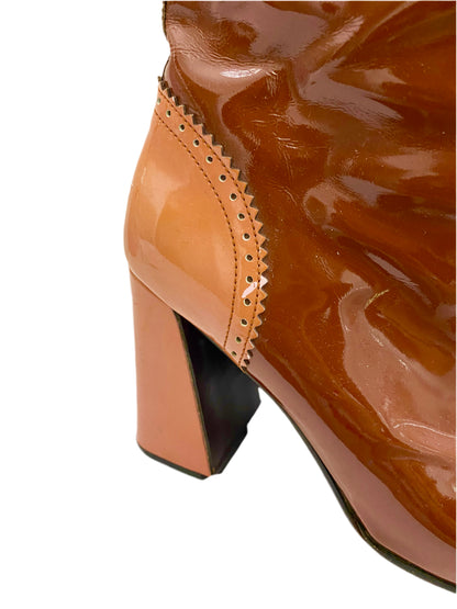 Prada Brown & Pink Patent Leather Mid Calf Boots