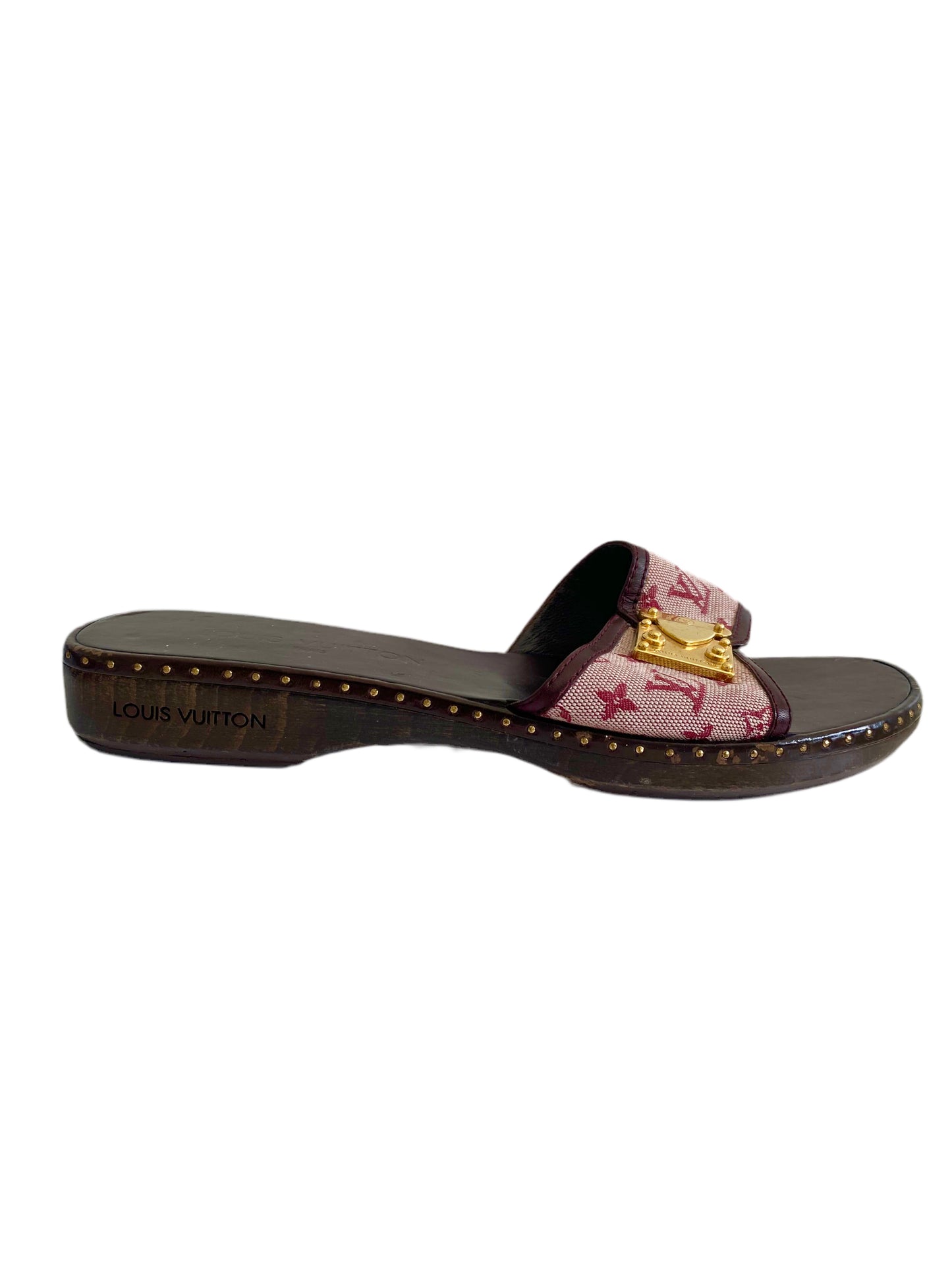Louis Vuitton 90’s Pink Monogram Denim Wooden Clog Mules