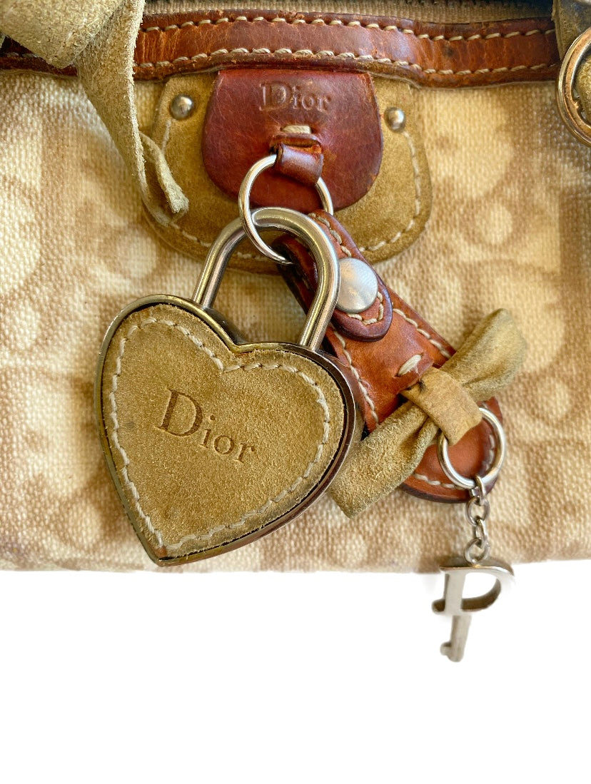 Dior 2006 Galliano Monogram Romantique Heart Padlock Mini Beige Barrel Bag