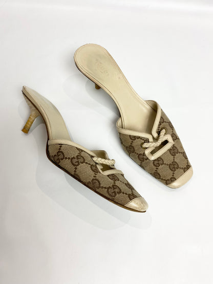 Gucci Monogram Cream Mule Heels