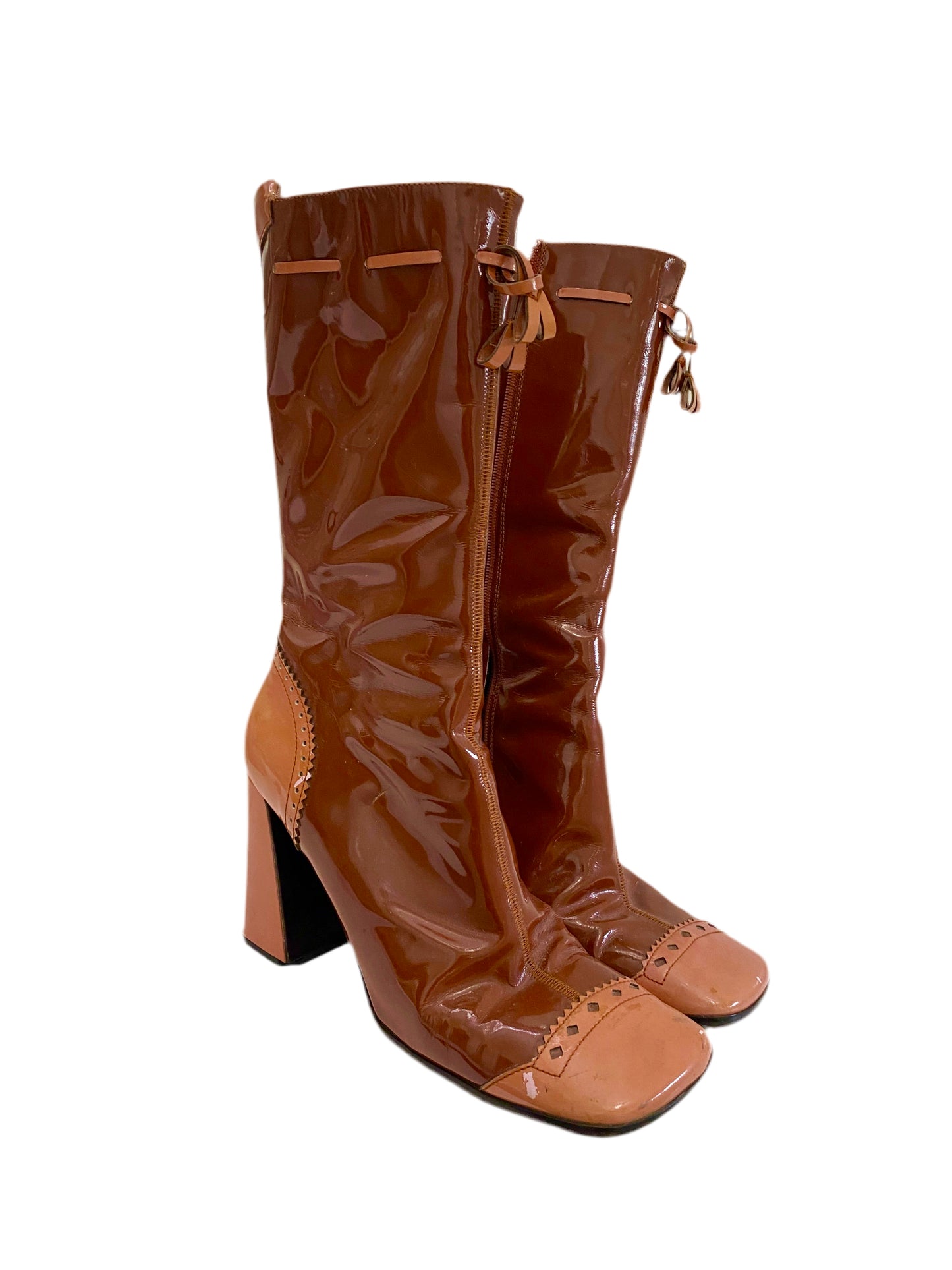 Prada Brown & Pink Patent Leather Mid Calf Boots