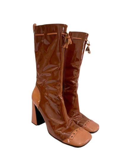 Prada Brown & Pink Patent Leather Mid Calf Boots