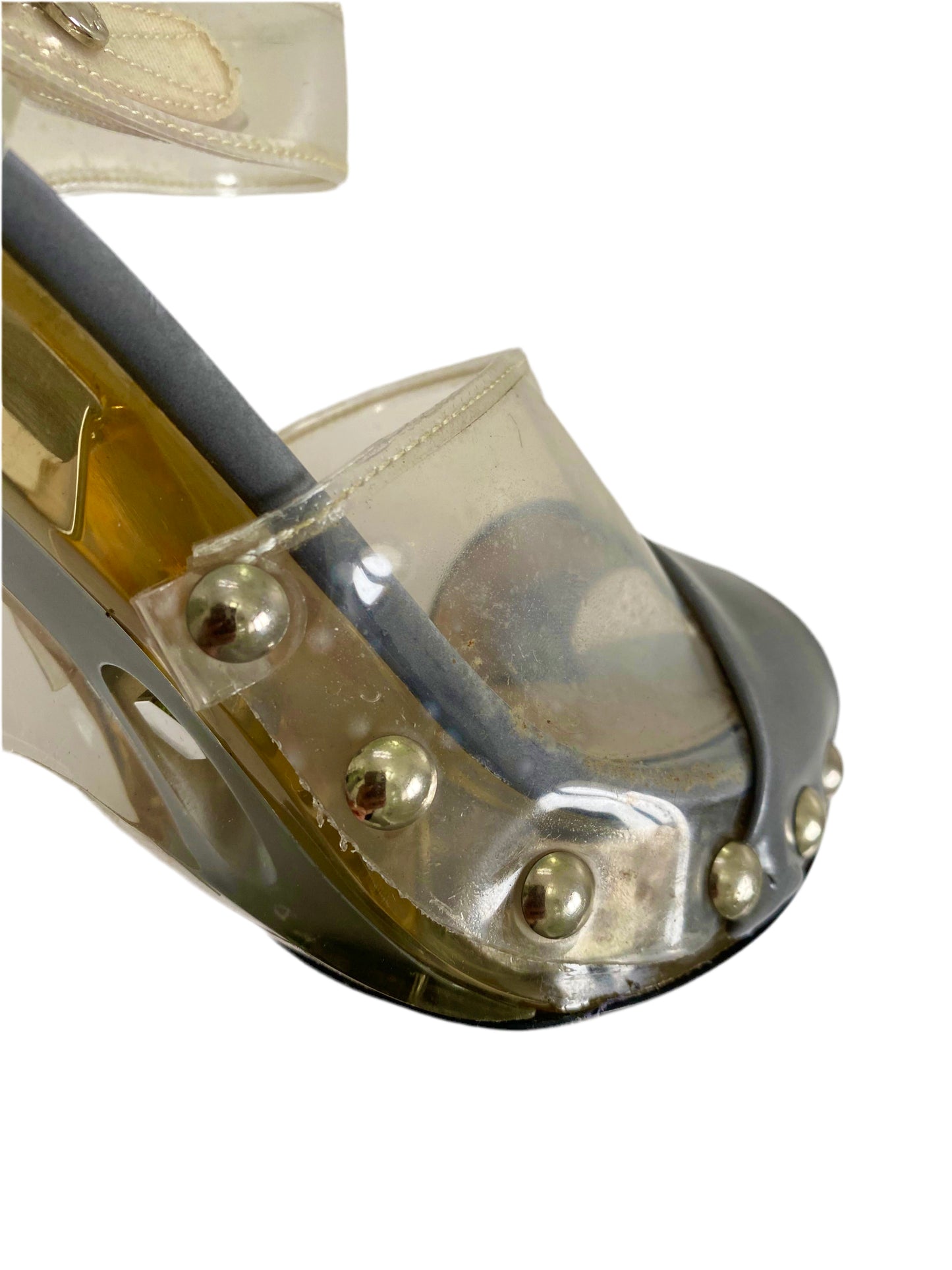 Prada Transparent PVC Grey Studded Ankle Strap Sandals