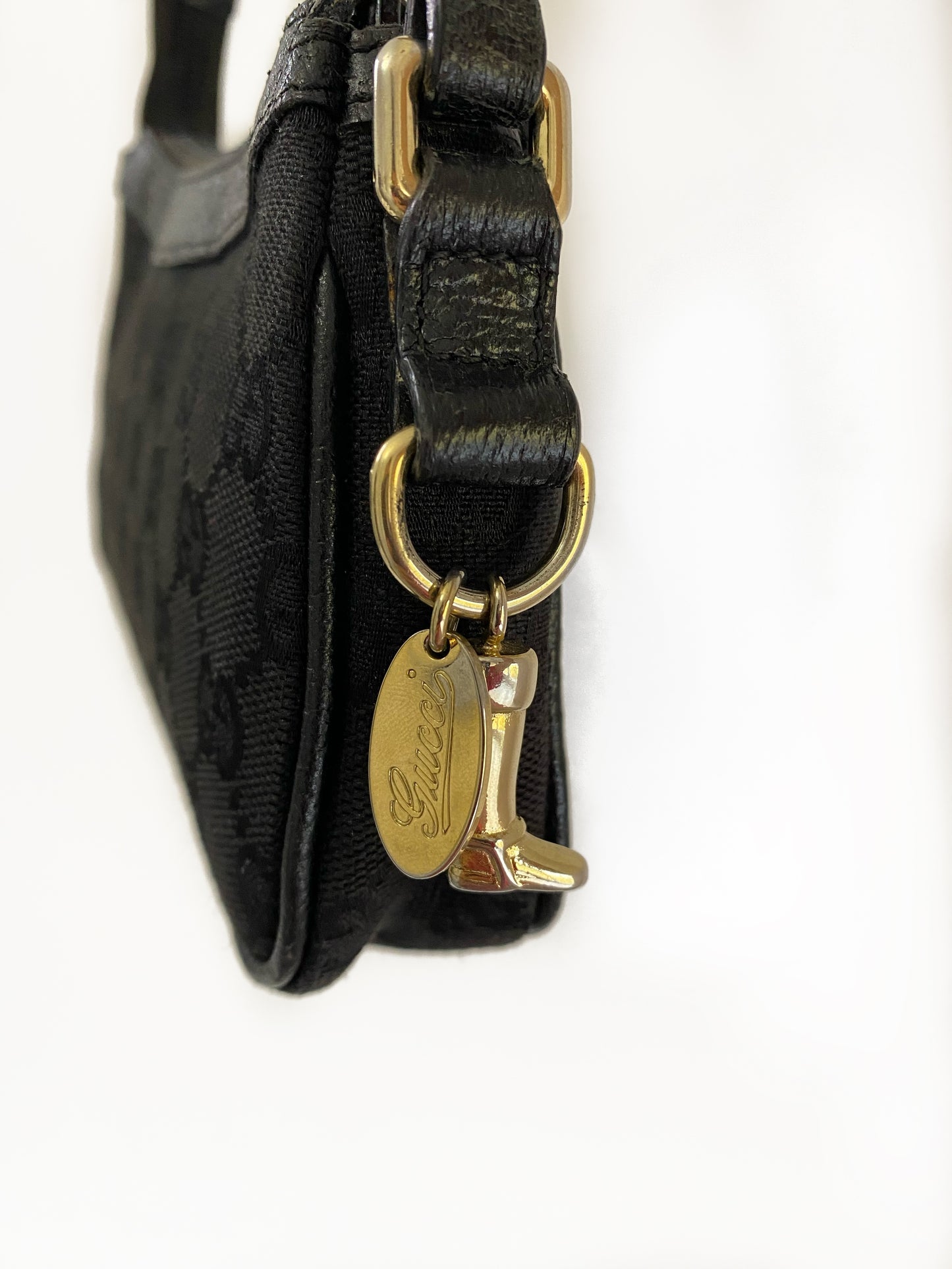 Gucci GG Monogram Black Canvas Gold Charm Shoulder Bag