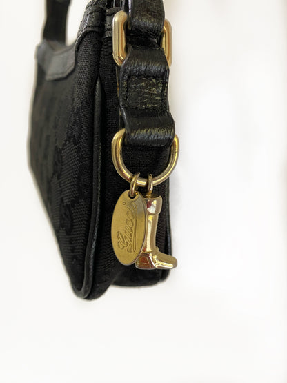 Gucci GG Monogram Black Canvas Gold Charm Shoulder Bag