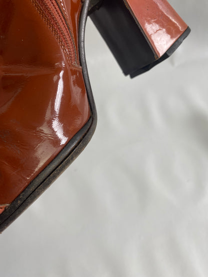 Prada Brown & Pink Patent Leather Mid Calf Boots