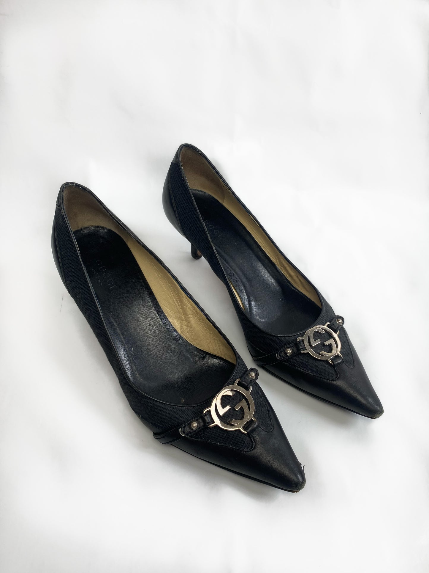 Gucci Black GG Silver Buckle Pointed Kitten Heels